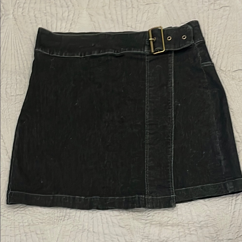 Chelsea & Violet Women’s Black Denim Faux Wrap Mini Skirt with side buckle